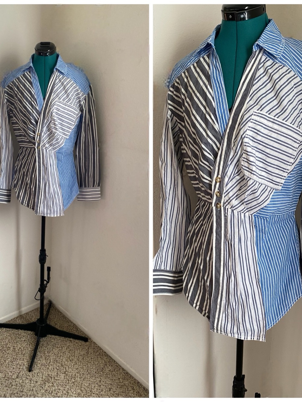 Pilcro Mixed Stripe Button-Front Shirt in Blue, White, and Black M